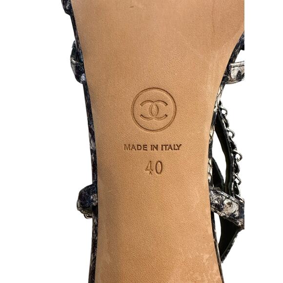 Chanel Python Snakeskin Chain Indigo Blue Strappy High Heel Sandals 40 - Picture 9 of 11